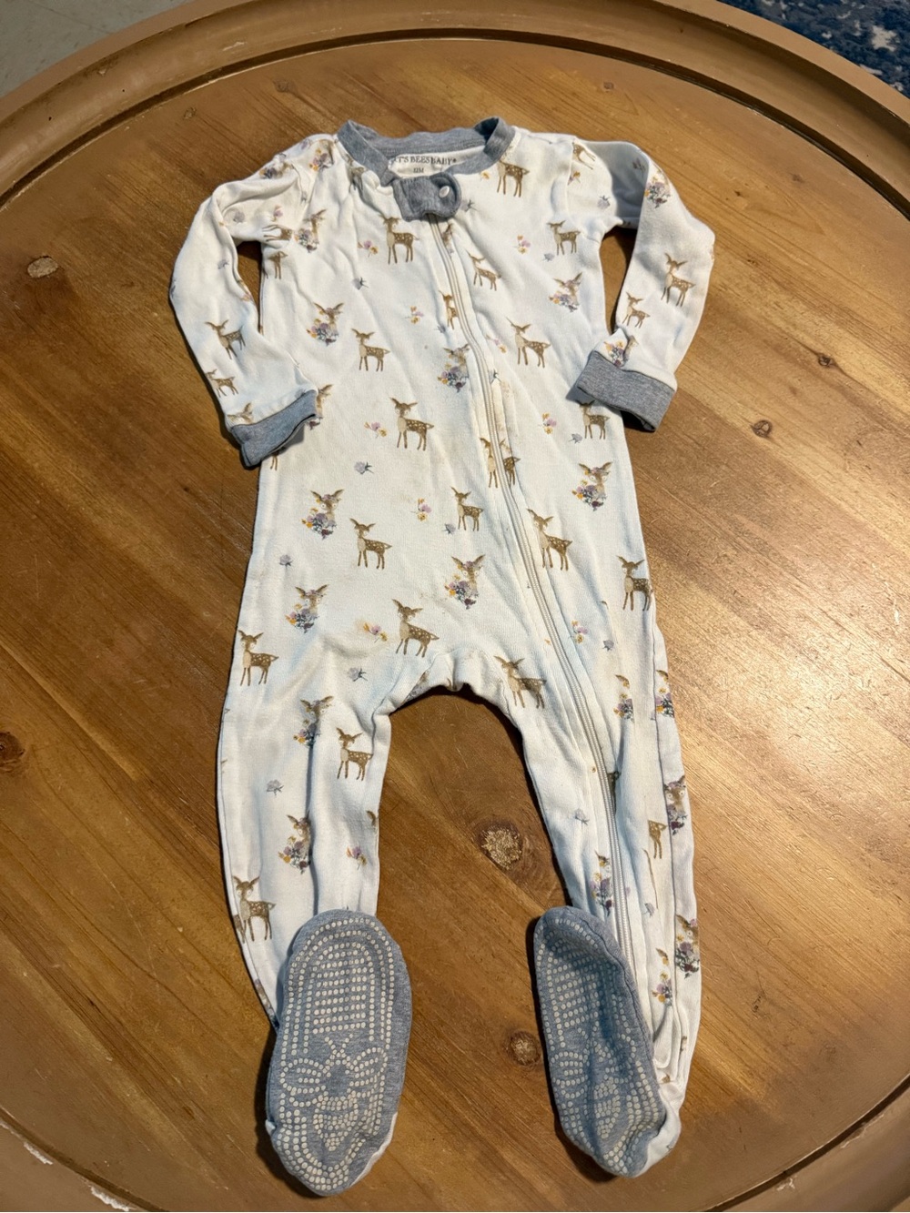 Soft Footed Baby One-Piece Pajama in White with Blue Trim – Deer Print